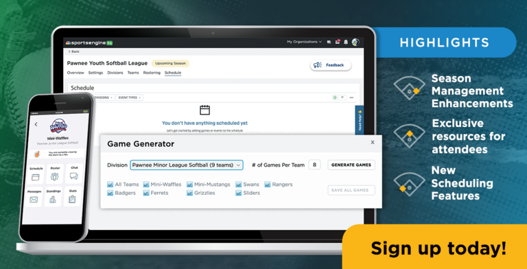 Webinar hero promotional image featuring SportsEngine Season Management functionality 